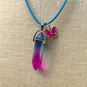 Handmade Pink & Blue Colored Resin Dagger Crystal Amulet Necklace with Butterfly